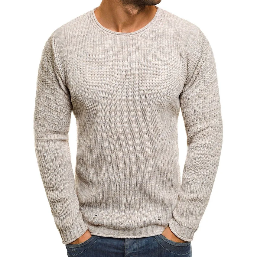 Осенне весенний мужской свитер в Вертикальную Полоску с круглым вырезом и