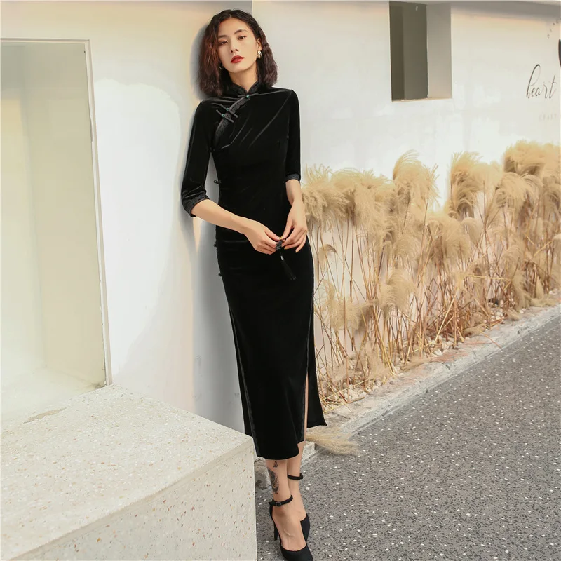 Длинный черный Чонсам из плюша для молодых девушек новинка на весну и осень