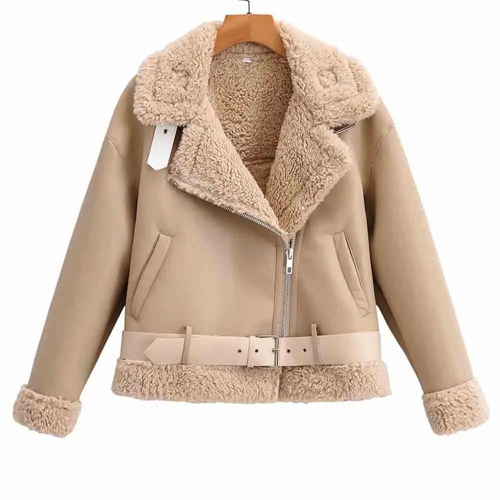 2021 Winter Thickened Locomotive Lapel Female Coat Fur Long Sleeved Loose Belt Warm Women's Jacket Lamb Wool Winter PU Coat