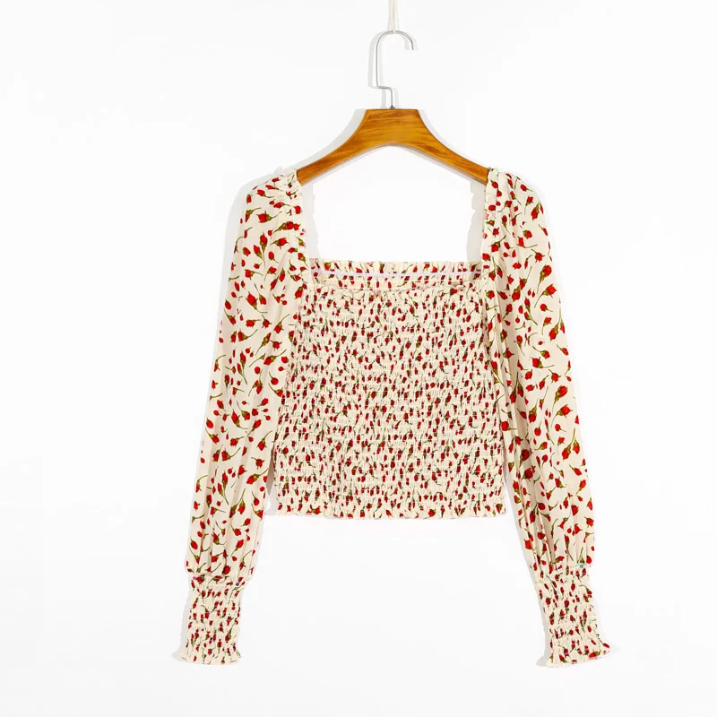 

Summer women's shirt casual flower printed square collar long sleeve shirt