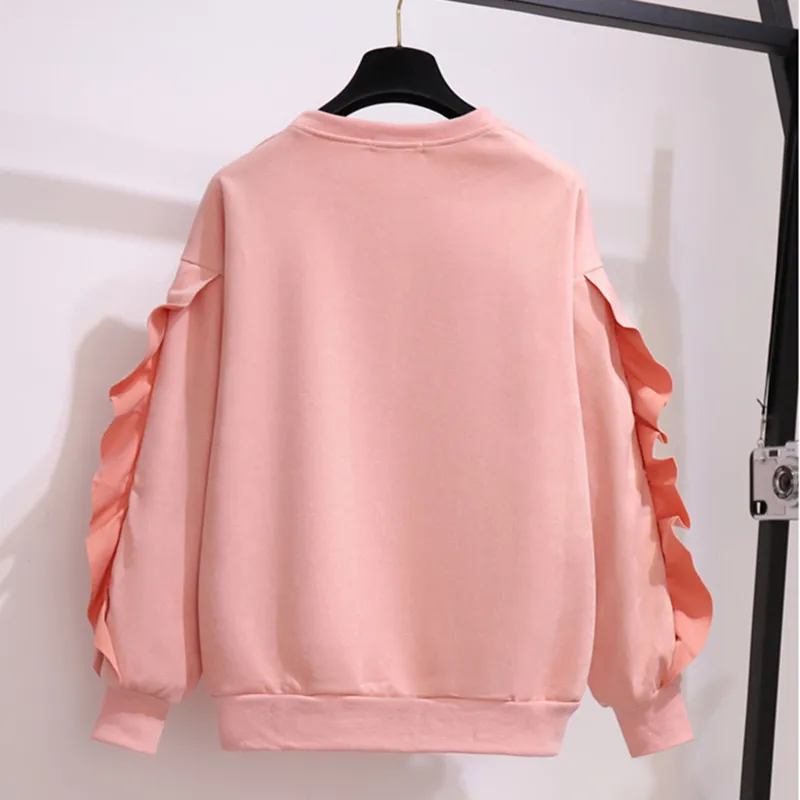 Женский брючный костюм на молнии с оборками и длинным рукавом |