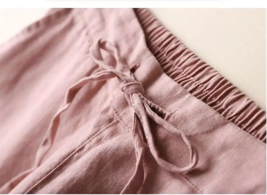 Шаровары женские однотонные из хлопка и льна брюки-султанки с эластичным поясом