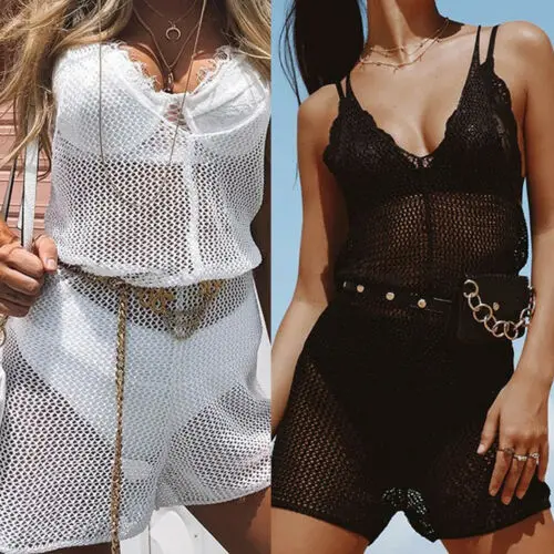 

Zoulv 2021 Pure Colour High Quality Women Swimwear Beach Lady See Through Cover Up Net Mesh Shorts Jumpsuit Bodysuit