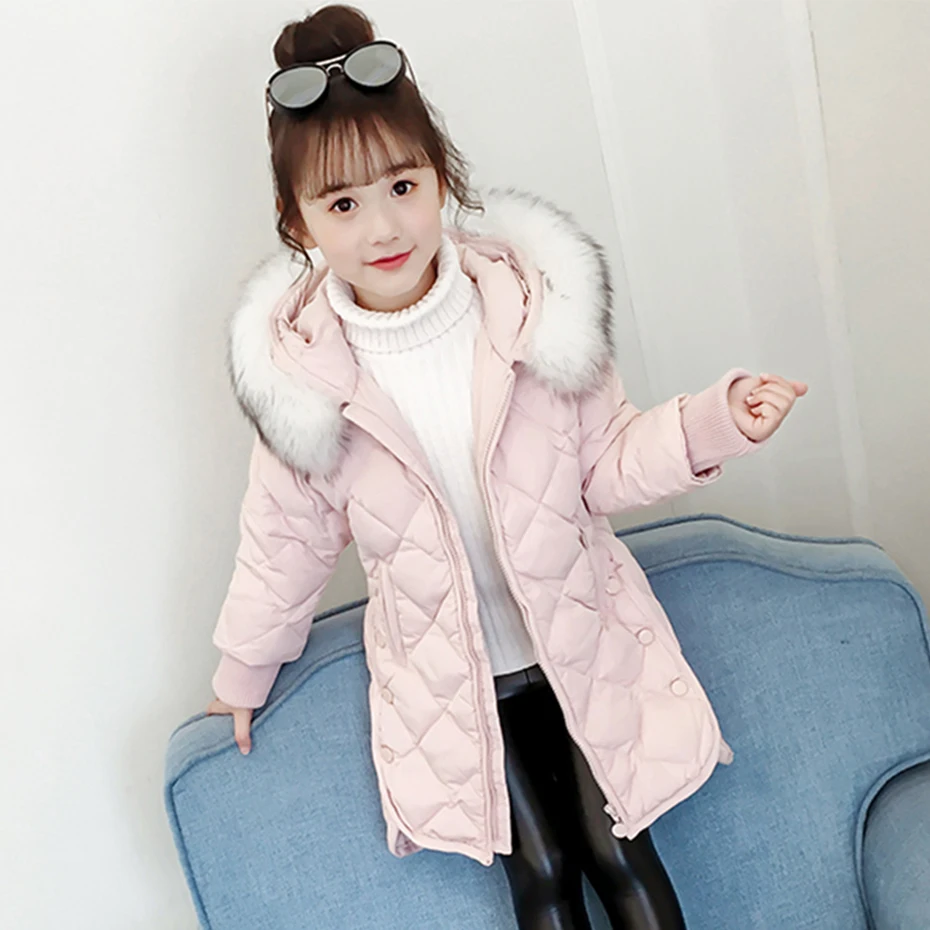 Пальто для девочек модное пальто с капюшоном и меховым воротником пуховики