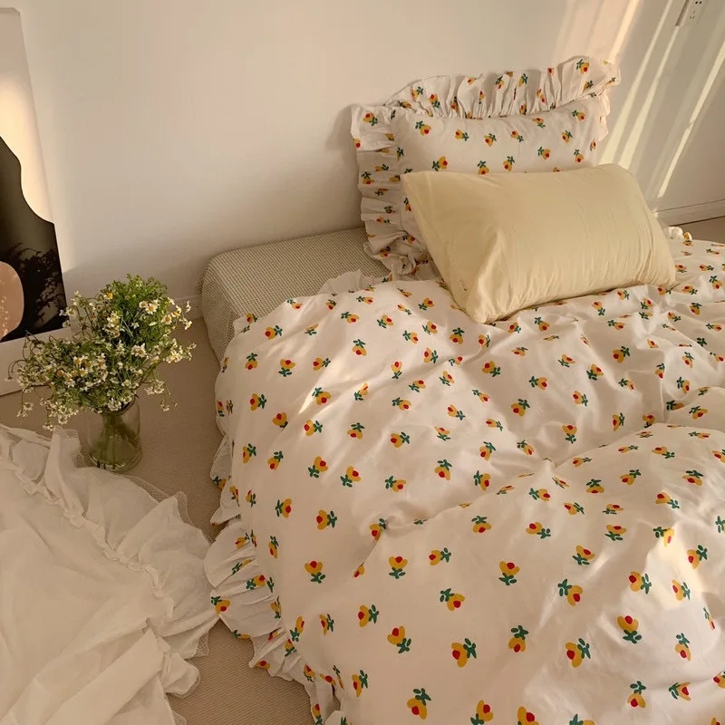 

Pink Floral Cute Bedding Set Cotton Bed Linens Pillowcases Duvet Cover Bedspread 4Pcs Luxury French Retro Queen Bedding Sets