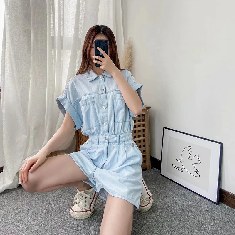 

ZA2021 summer new style women's college style waist loose short-sleeved denim jumpsuit women casual hakama