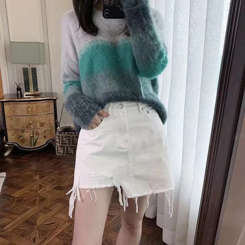 

New Fake Two-piece Skirt Pants High Waist Loose A-line White Denim Shorts Women