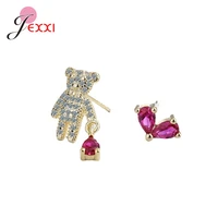 cute sweet animal cartoon earrings for women girl asymmetric 925 sterling silver cubic zirconia bear heart stud earrings jewelry