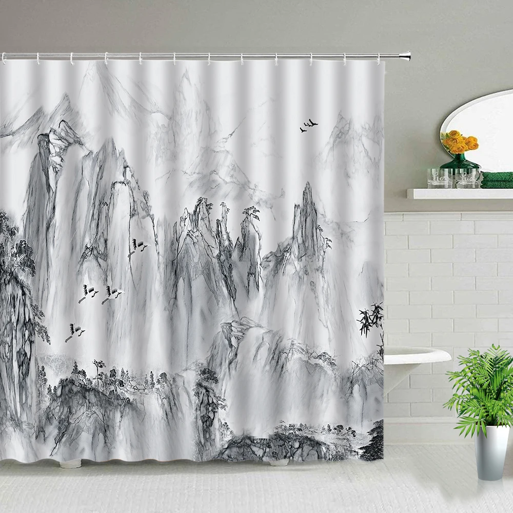chinese style flower bird scenery shower curtains plant floral landscape bathroom waterproof fabric bath curtain set with hooks free global shipping