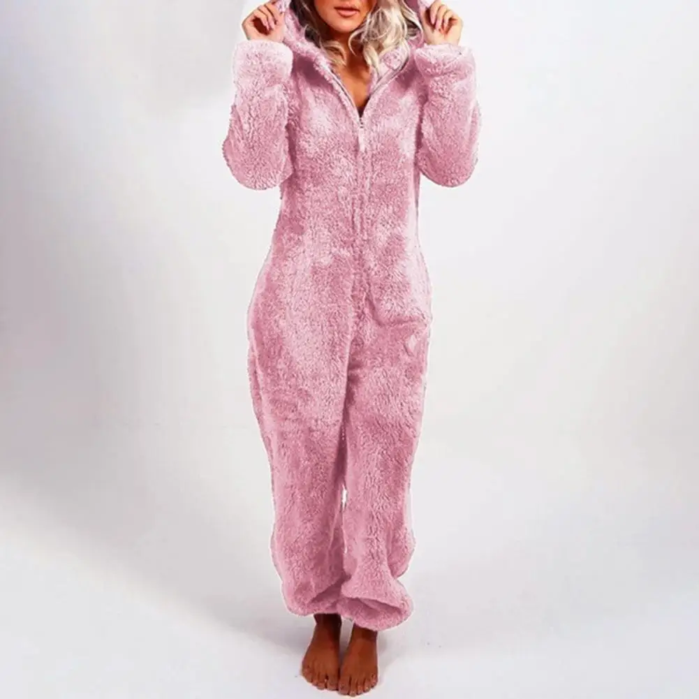 

Women's Jumpsuits 2021 Pajamas Solid Color Keep Warm Plush Winter Long Sleeve Jumpsuits Pajamas for Women