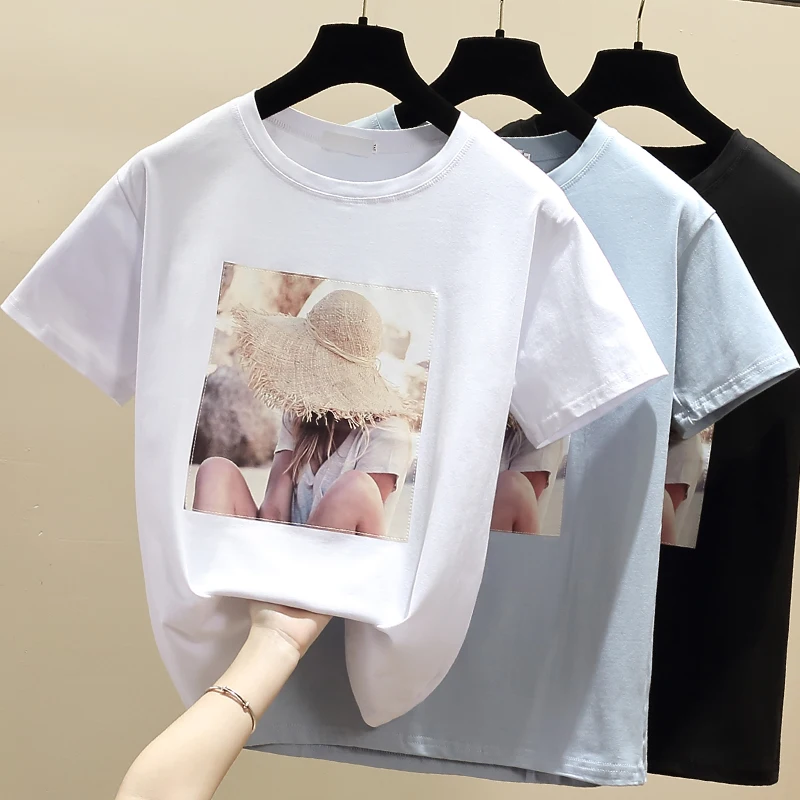 

Korea White Girl T shirt Women Clothes O-Neck Summer Short Sleeve Cotton TShirt Tops Casual Blue Tee Shirt Femme