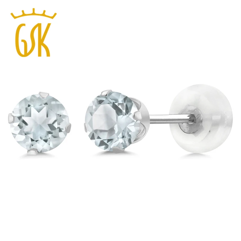 0 44 Ct круглые небесно голубые аквамариновые 10K белые золотые 4 зубчатые серьги