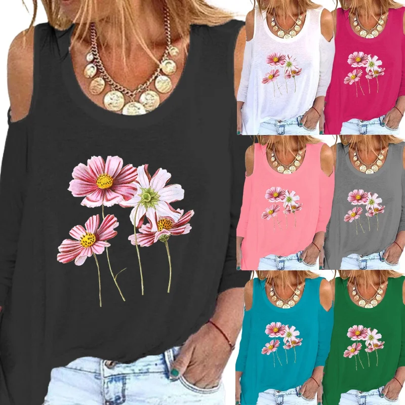 

Spring and Autumn Fashion Women Flowers Printed Casual Sweatshirt Long Sleeve Tops Ladies Round Neck Off Shoulder Pullover Tops
