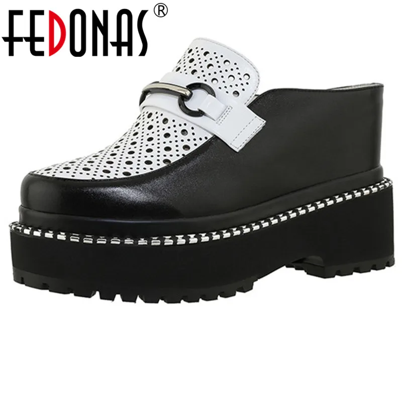 

FEDONAS Height Increasing Women Mules Shoes Metal Decoration Genuine Leather Female Sandals Summer Platform High Heels Pumps