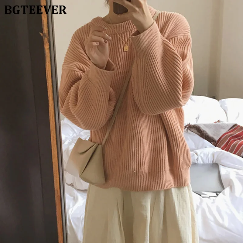 Женский свитер с круглым вырезом BGTEEVER теплый вязаный пуловер в Корейском стиле