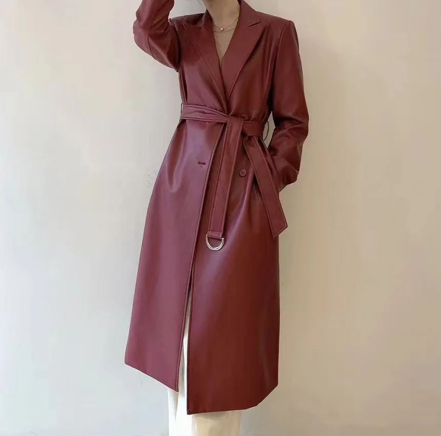 

Женское однобортное пальто из ПУ кожи, длинное пальто с отложным воротником и поясом в Корейском стиле ретро, Осень-зима