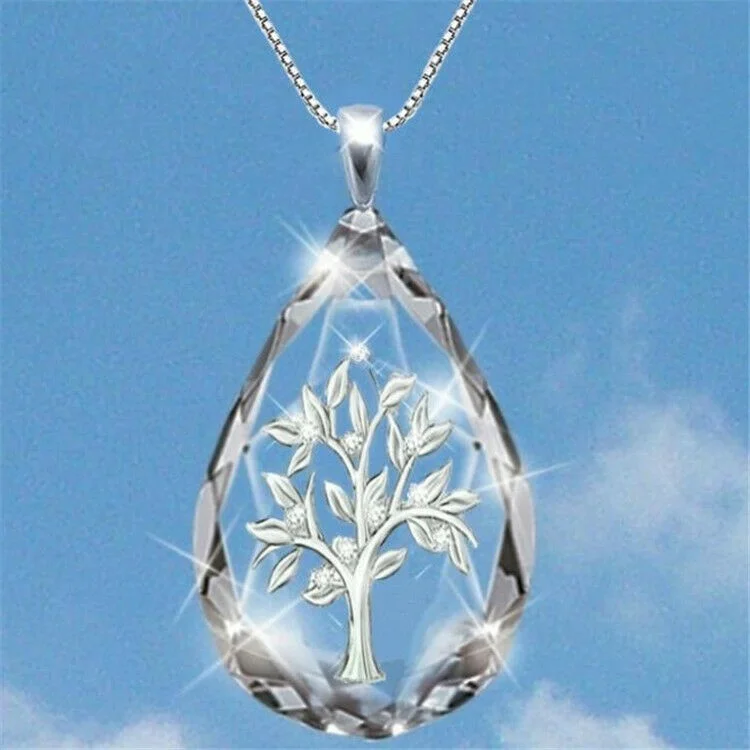 

Transparent Crystal Waterdrop Shape Lucky Tree Silver Pendant Necklace Jewelry