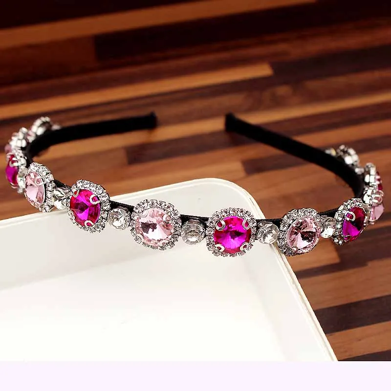 round headband Широкая винтажная Роскошная розовая кристальная тиара в стиле барокко, королевская повязка на голову, блестящие стразы, повязка для волос для женщин, свадебные аксессуары для волос - Окраска металла: round headband