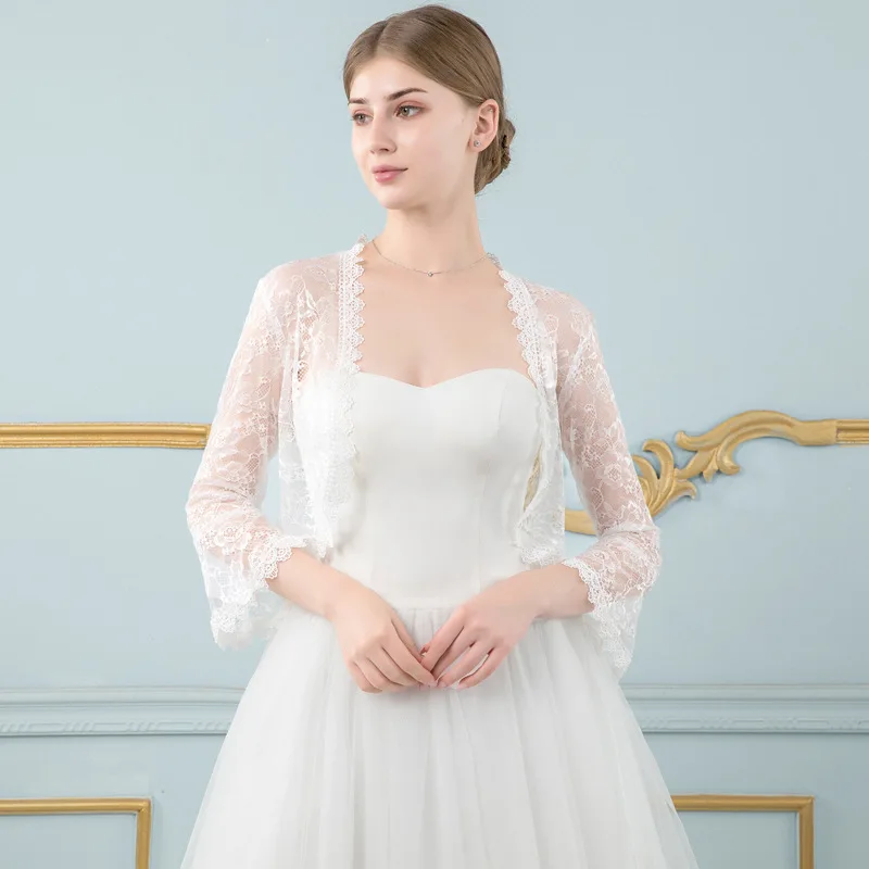 Белый JaneVini новые элегантные летние свадебные белые куртки свадебные 3/4 рукава болеро шали кружевные короткие обертывания Болеро для женщин аксессуары - Цвет: Белый