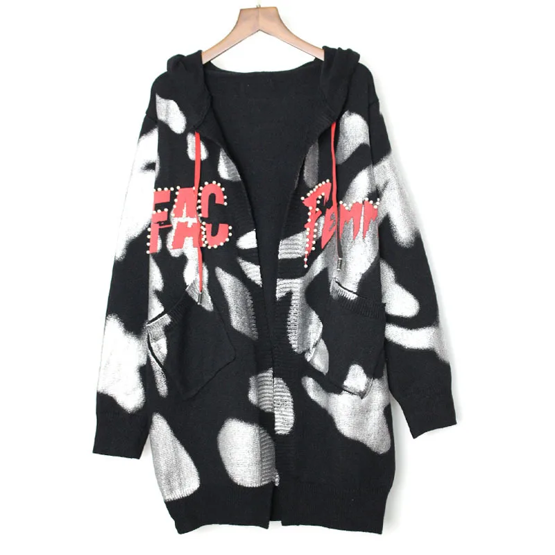 Женский вязаный кардиган с капюшоном толстый леопардовый бисером в Корейском