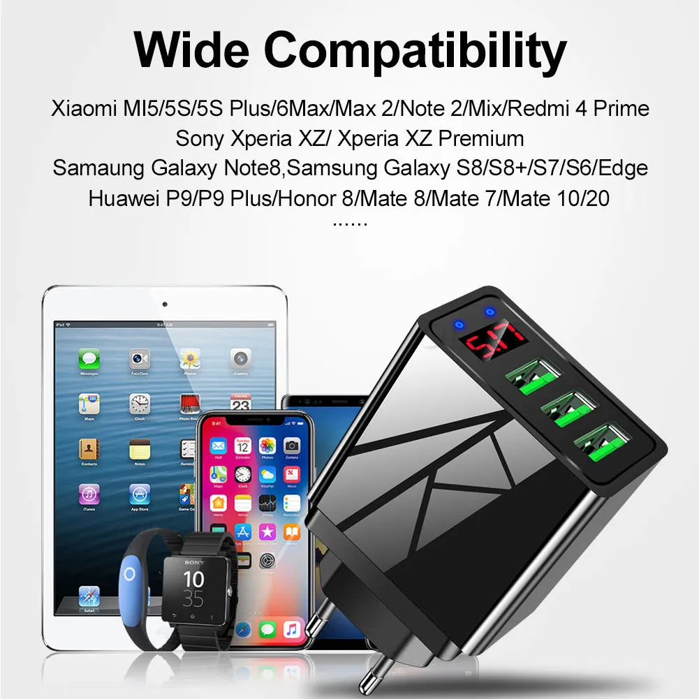3 Port USB Phone Wall Charger LED Display 3A Fast Charging For iPhone Android WIF66 | Электроника