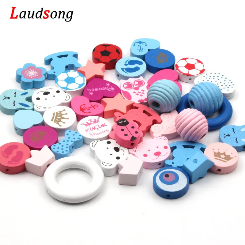 30pcs Random Mixed Style Cartoon Wooden Beads For Jewelry Making Diy Creative Baby Pacifier Chain Accessories 12-33mm