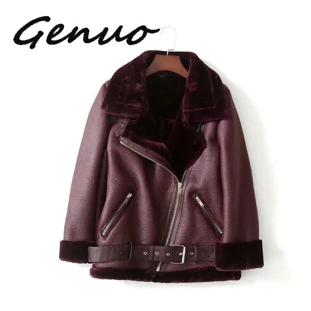 Genuo New 2019 New Winter Women Sheepskin Coats Thicken Faux Leather Fur Female Coat Fur Lining Leather Jacket Aviator Jacket
