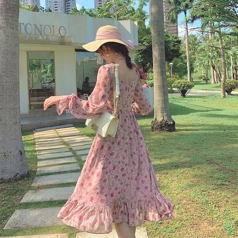 

Pink Floral Dress Women Autumn Print Chiffon Party Midi Dress Female Casual designer Korean sweet Dress 2021 spring