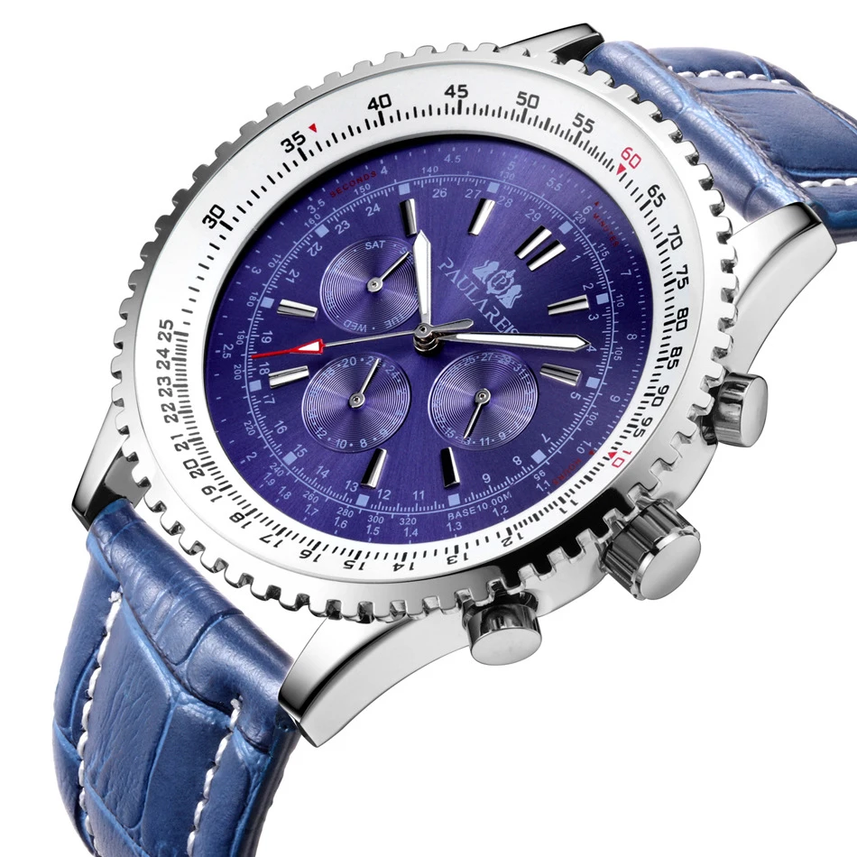 Topo de Luxo Relógio de Pulso à Prova Masculino Relógios Mecânicos Automáticos Azul Couro Genuíno Relógio Esportivo Marca Calendário Dwaterproof Água