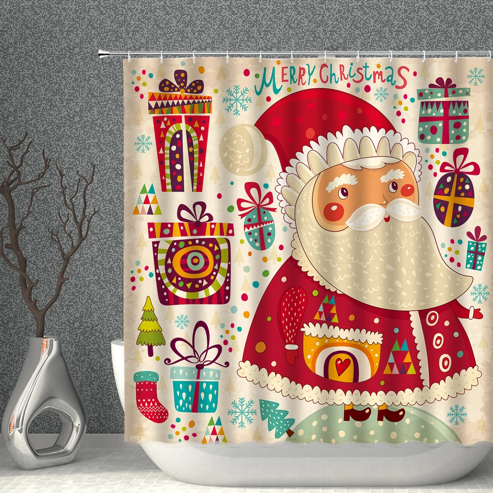 

Lighted Christmas Shower Curtain Printing Cartoons Happy New Year Santa Claus Red Waterproof Curtain Shower Bathroom Christmas