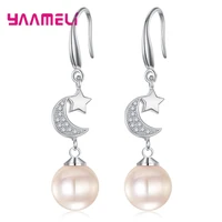 new fashion pure 925 sterling silver pearl dangle earrings womengirls romantic moon star pendant drop earrings wholesale