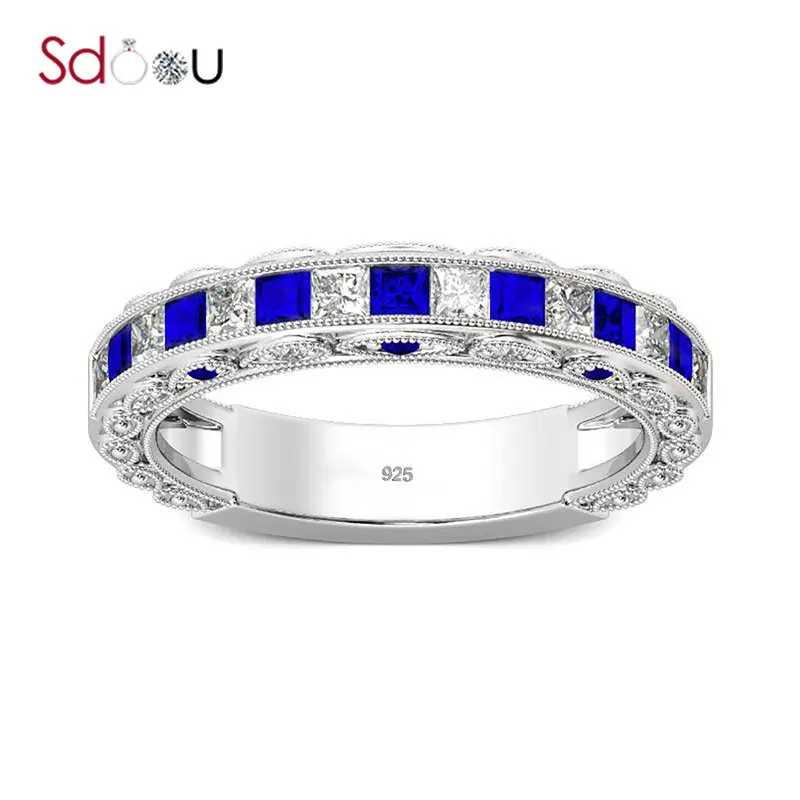

SDOOU Silver 925 Ring For Women Square Sapphire With Zircon Sterling Silver Rings Korean Fashion Fine Jewelry Engagement Party