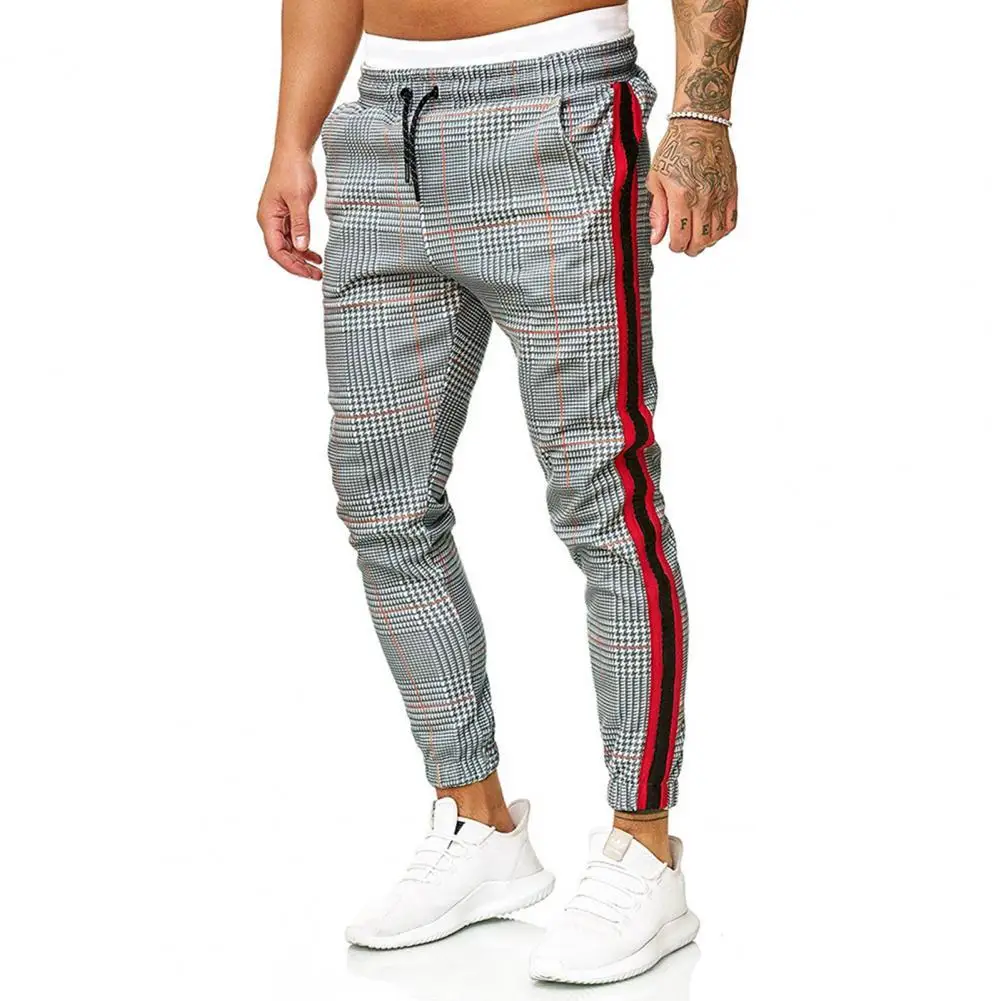 

Ankle Tied Skinny Trousers for Sports Casual Men Skinny Pants Plaid Side Stripes Drawstring Zipper Jogging Pants Gym Trousers