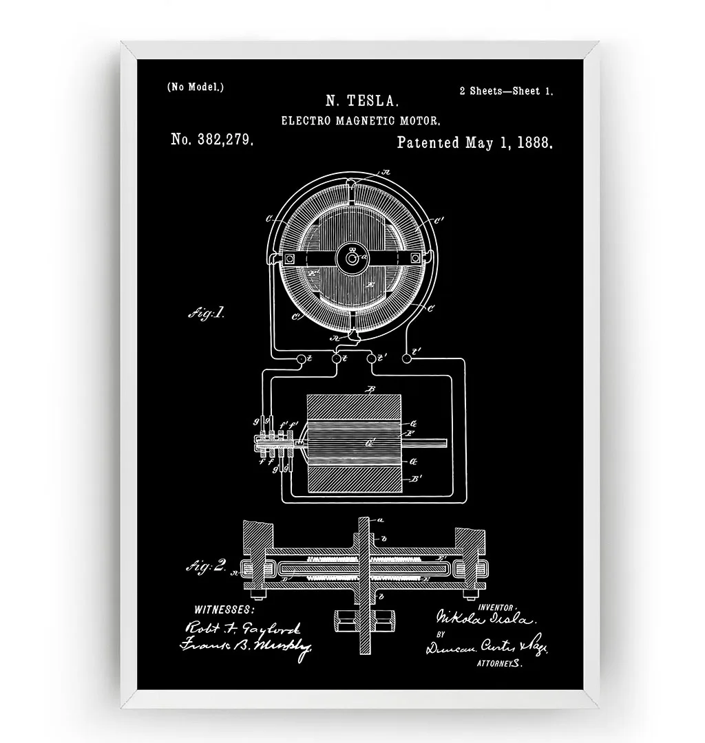 Винтажный Электрический магнитный мотор Тесла 1888 патентный настенный инженер
