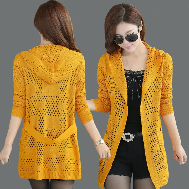 

Женский тонкий свитер SHZQ #1105, кардиган, Свободное длинное кимоно, вязаный свитер, пальто, женская трикотажная одежда с капюшоном и вырезами, ...