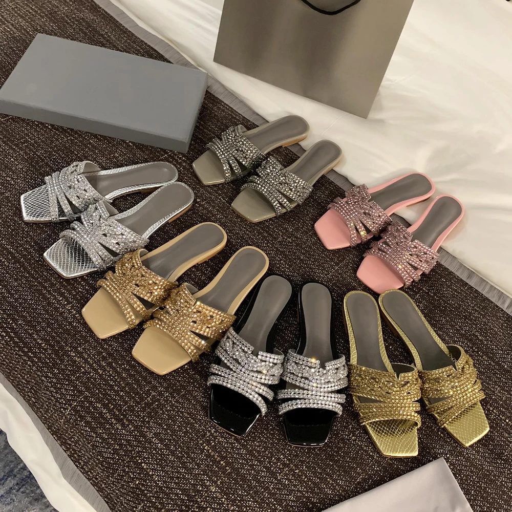 

Summer Shoes high quality low heel flat shoes crystal diamond open toe Slippers Italian design Women's Shoes