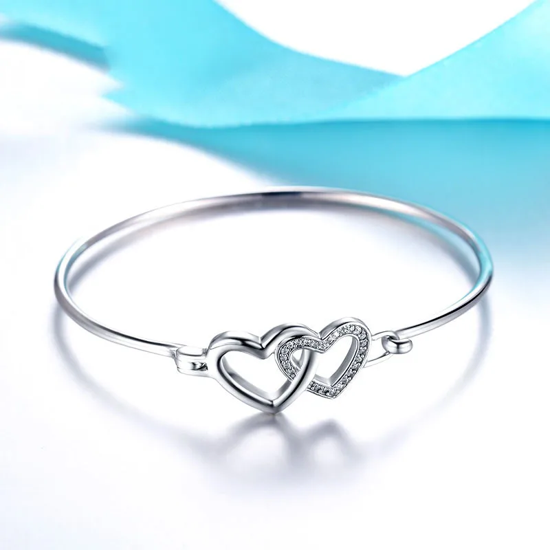 

Bracelet 925 Sterling Silver Adjustable Size Crystal Heart Shape Charm Bracelet &Bangle For Women Wedding Jewelry