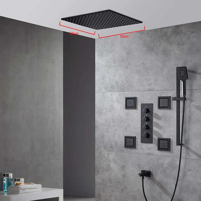 

Black Bathroom Concealed Ceiling Rainfall Shower Faucet In-Wall Hot Cold Water Mixer Tap Set Household with Embedded Box