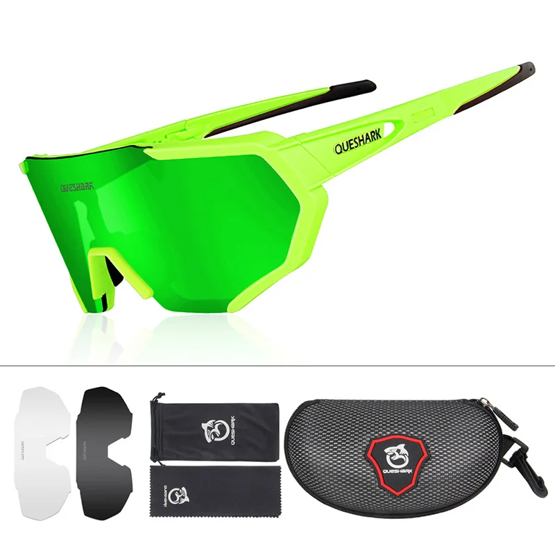 3 Lens Green QUESHARK, дизайн, очки для велоспорта для мужчин и женщин,, полностью покрытые линзы, UV400, поляризационные, 3 или 4 линзы, всего - Цвет: 3 Lens Green