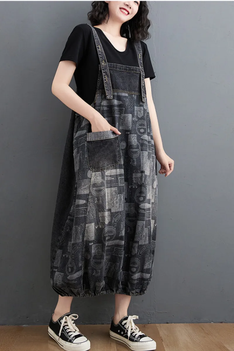 

Spring Autumn Vintage Denim Dress Women 2021 New Retro Style Sleeveless Straps Print Long Lantern Dresses Vestido Feminino