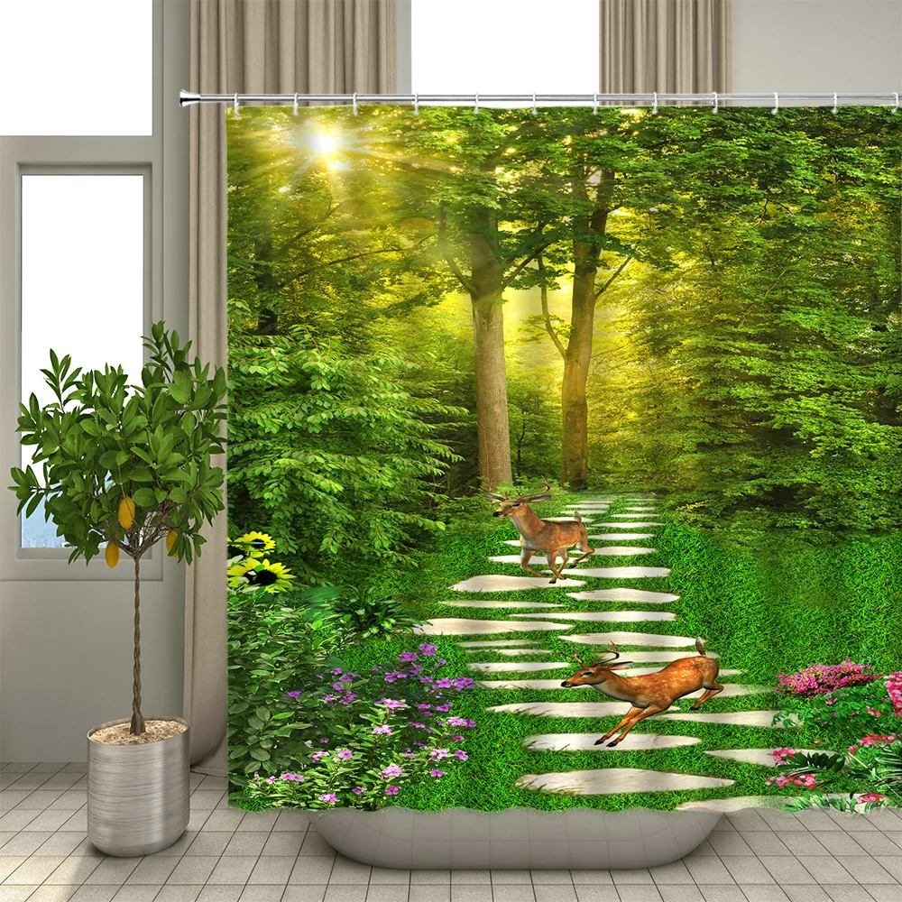 

Natural Scenery Shower Curtains Green Tree Floral Plant Landscape Pattern Spring Summer Bathroom Decor Polyester Cloth Curtain