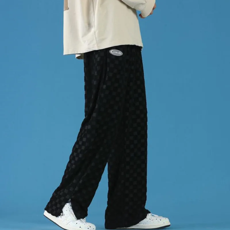

Autumn Cotton Knit Pants Men's Fashion Casual Plaid Pants Men Streetwear Loose Hip-hop Straight Wide-leg Pants Mens Trousers