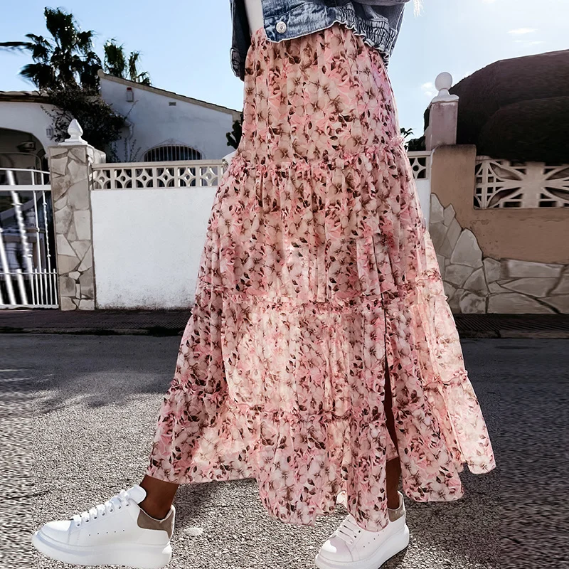 

Summer High Waist Long Print Skirt Floral Split 2021 Women Casual Chiffon Beach Faldas Female Boho Elastic Waist Holiday Skirts