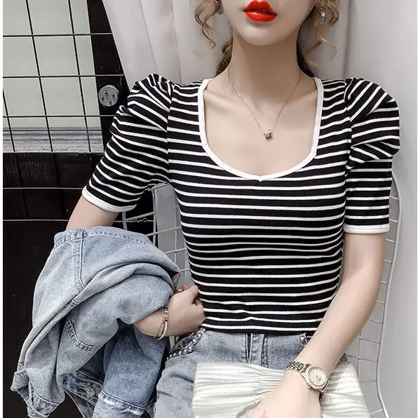 

Women's Cotton T Shirt Summer Puff Sleeve Plus Size Female T-shirt Striped Tees Ladies Basic Tshirts Streetwear Casual Tops D146