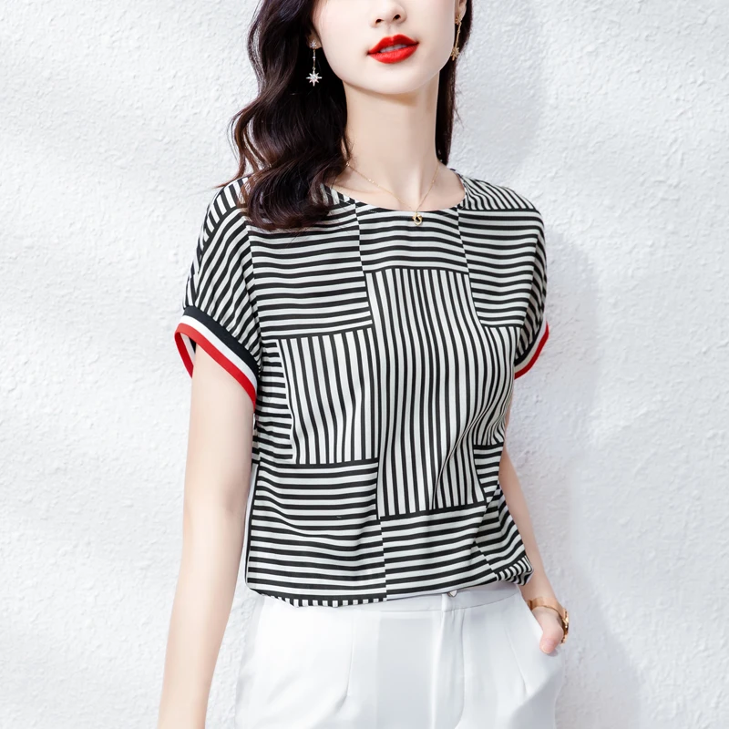 

Летние корейские шелковые футболки для женщин винтажные Топы для женщин полосатая футболка с коротким рукавом черные офисные женские руба...