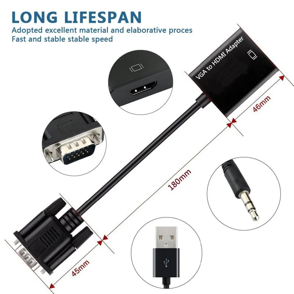 Преобразователь из VGA в HDMI адаптер Выход 1080P HD с аудио VGA2HDMI ТВ AV в HD ТВ Видео кабель конвертер адаптер для ТВ ПК