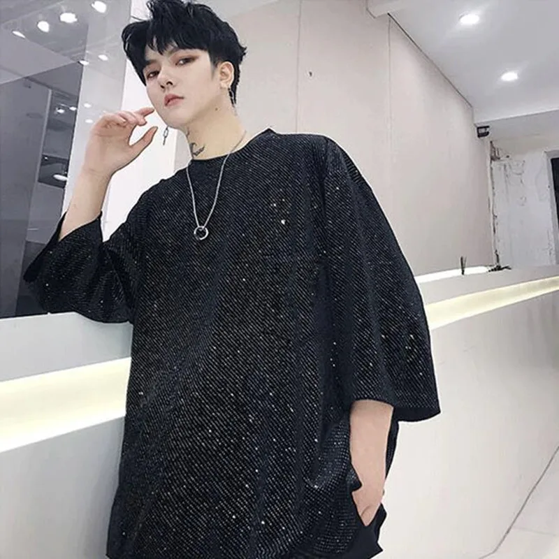 Качественная мужская Блестящая футболка большого размера с блестками уличная в