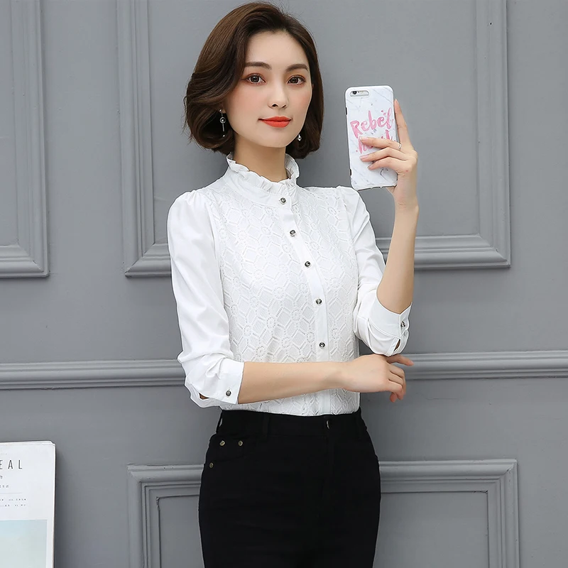 Black White Shirts Women Autumn Spring Korean Bottom Tops Plus Size 3XL Office Ladies Lace Bow Floral Chiffon Blouse |