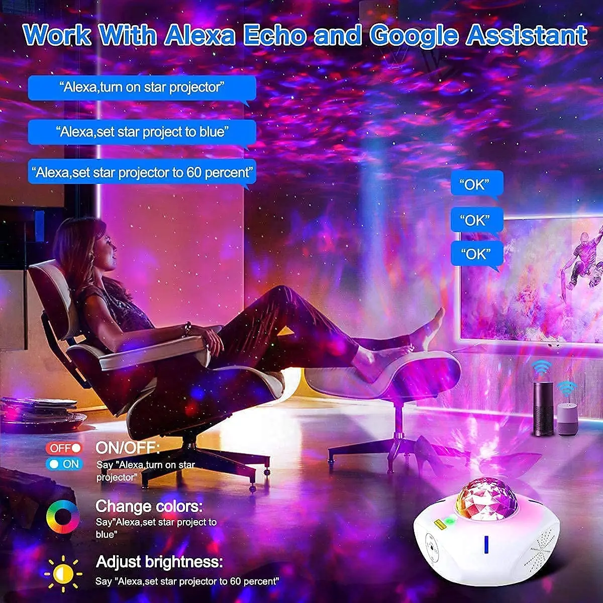 Laser Galaxy Starry Sky Projector Rotating Ocean Waving Night Light Led Colorful Wave Cloud Lamp Atmospher Bedroom Beside | Лампы и