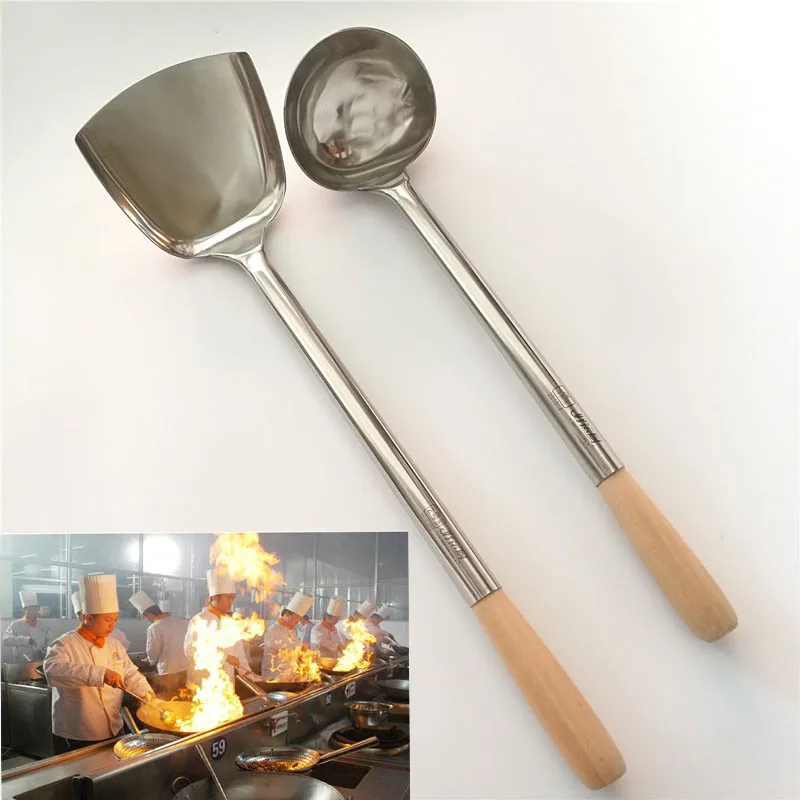 

big long spatula shovel chef cooking cocina utensilios blade Kitchen Utensil Wooden Handle Stainless Steel Turner Soup Spoon wok